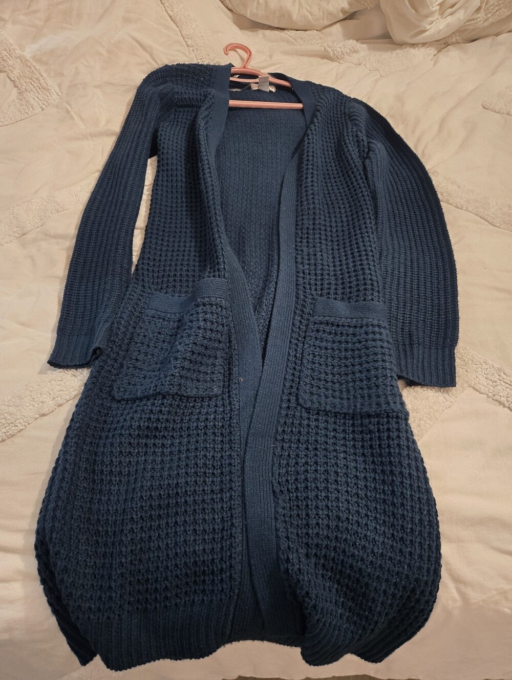 Revamped Navy Blue Long Open-Front Knit Cardigan
